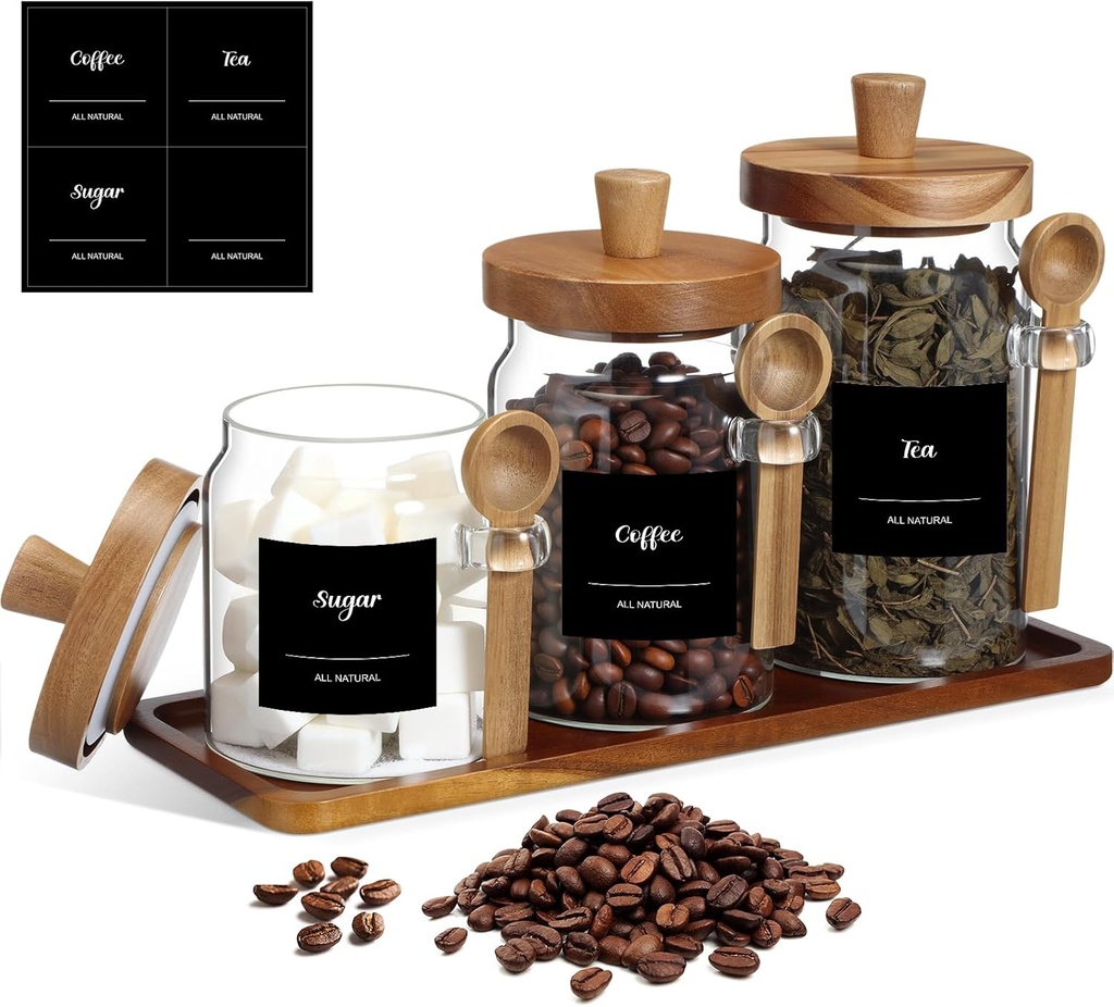 Suclain 3 Pcs Glass Coffee Container with Wooden Lid Spoon Shelf Labels Coffee Container Clear Airtight Jars Food Storage Canisters for Sugar Spice Christmas Housewarming Gift(13.5,20,25 oz)