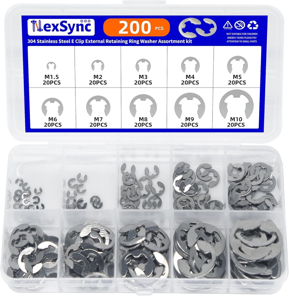 200-Piece Metric E-Clips Assortment Kit,304 Stainless Steel External Retaining Rings, M1.5-M10 Circlip Washer Assortment for Automotive, Machinery & Industrial Maintenance