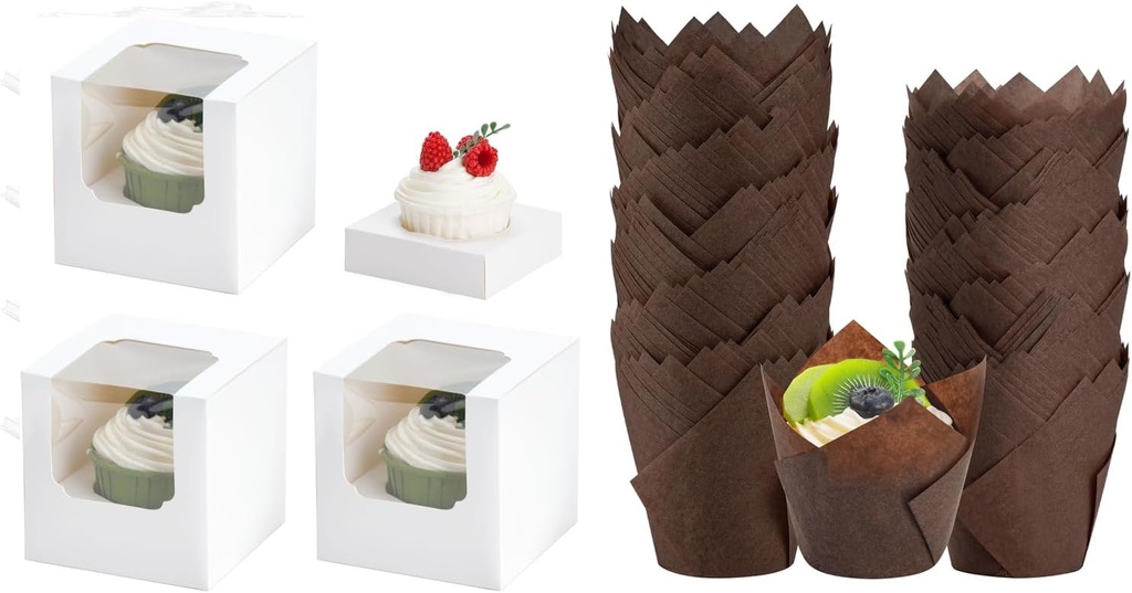 Bundle of 25 Pcs Cupcake Boxes and 200PCS Brown Tulip Cupcake Liners for Parties Holidays Homemade Cupcakes and Bakery
