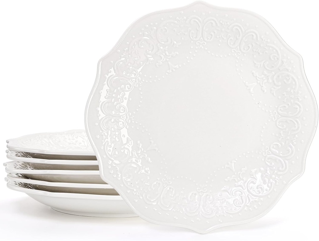 SOUJOY Set of 6 Porcelain Dinner Plate, 10'' Embossed Salad Plates, White Dessert Serving Plates for Steak Appetizer, Kitchen Plates for Restaurant, Family Party, Dishwasher Microwave Safe