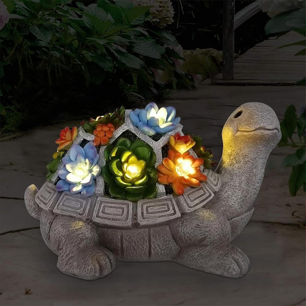 Nacome Garden Outdoor Statues Turtle with Succulent and 7 LED Lights - Lawn Decor Tortoise Statue for Patio, Balcony, Yard Ornament - Unique Housewarming Gifts