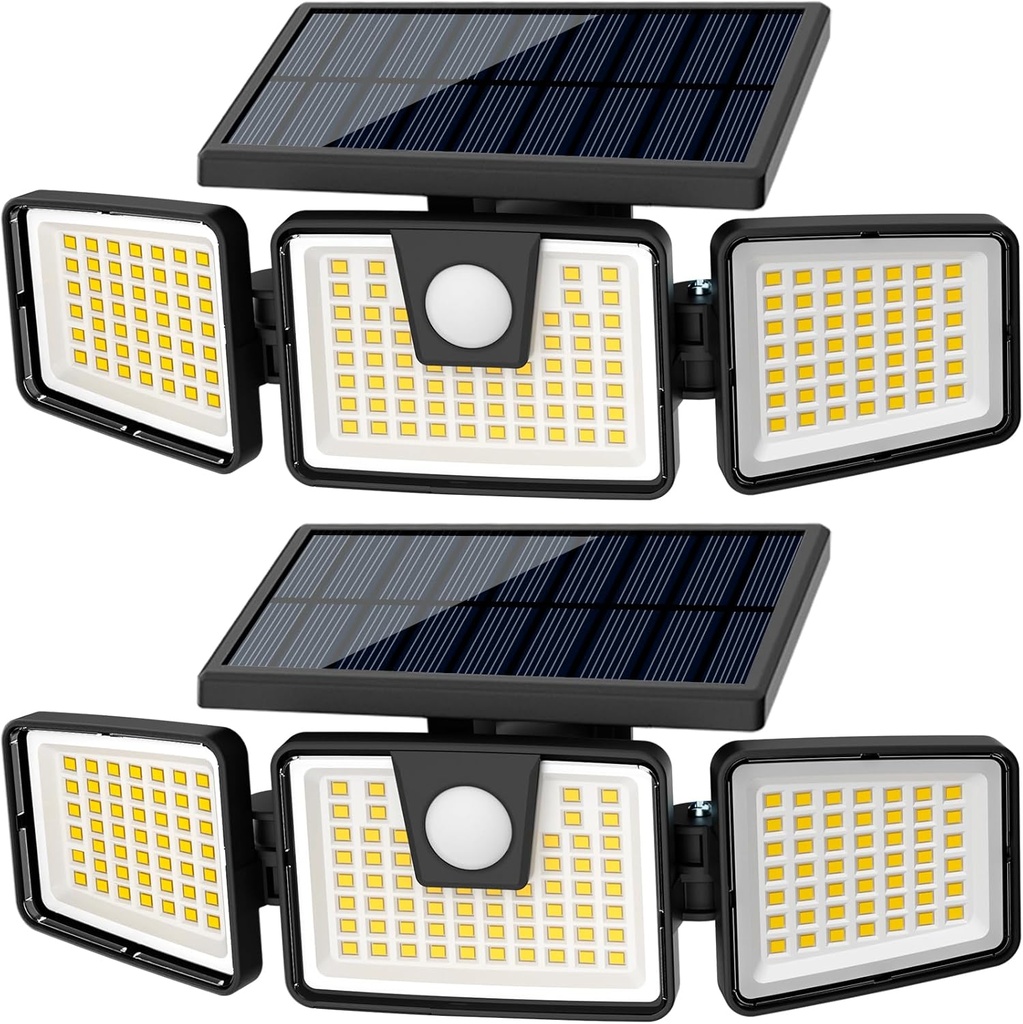 AmeriTop Solar Lights Outdoor, 2 Pack LED High Brightness Cordless Solar Motion Sensor Lights; 3 Adjustable Heads, 270° Wide Angle Illumination, IP65 Waterproof, Security LED Wall Light(Daylight)