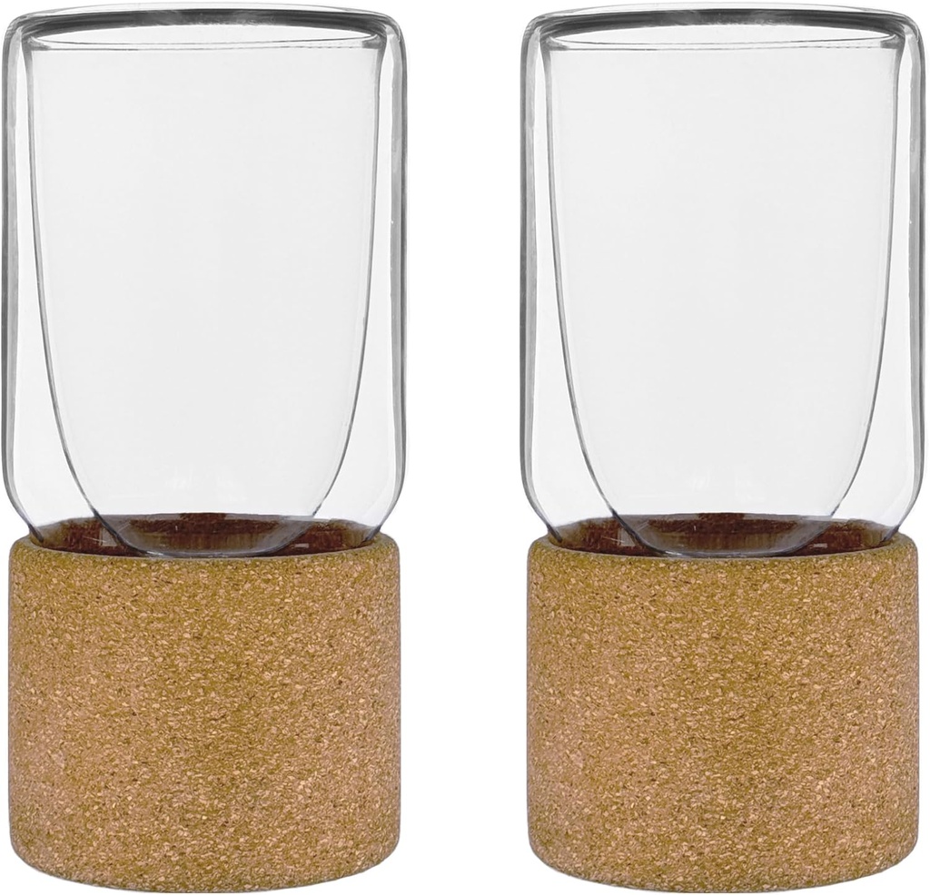 Freezeable Double Walled Insulated Glass, 12 oz, Highball Drinking Glasses with Cork Coaster for Drinks, Beer, Whiskey, Cocktails and Juice, Set of 2, Clear