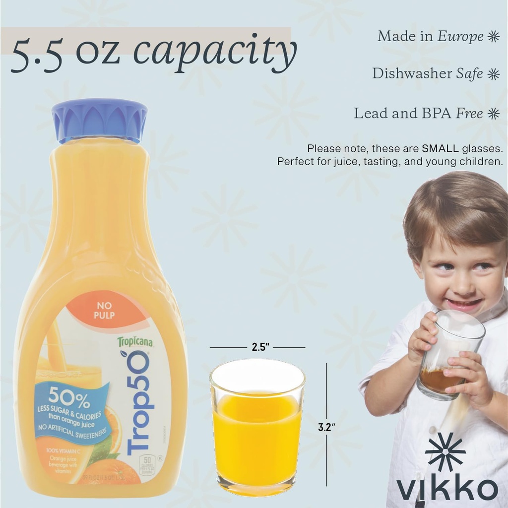 Vikko Small Orange Fruit Juice Glasses, 5 oz, Set of 6, Durable Glass Tumblers, Dishwasher Safe