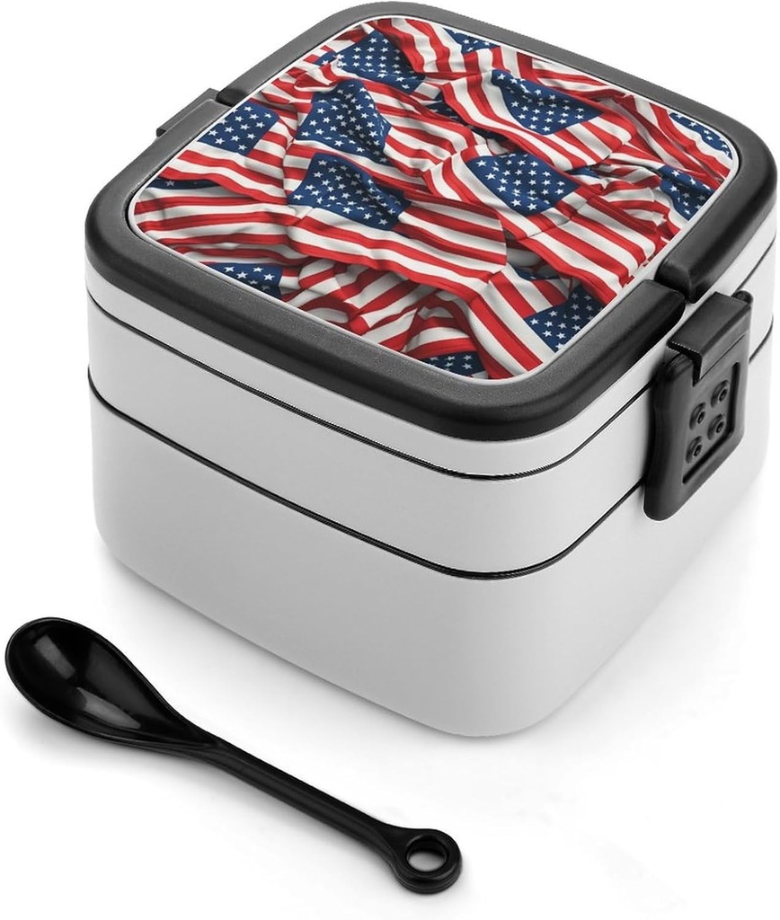 Personalize Double Layer Bento Box Usa Flag Lunch Box - Durable, Leak-Proof with Spoon Adult Premium Bento Case for Work Travel Camping