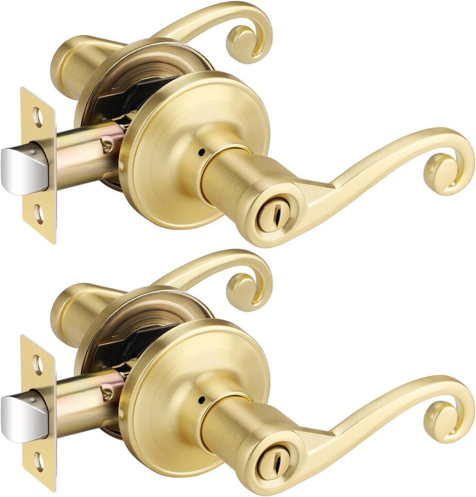 2 Pack Gold Door Handles, Satin Brass Door Handle Privacy Door Lever for Bedroom and Bathroom, Durable Door Hardware, Wave Style Lever Door Handle for Right Hand