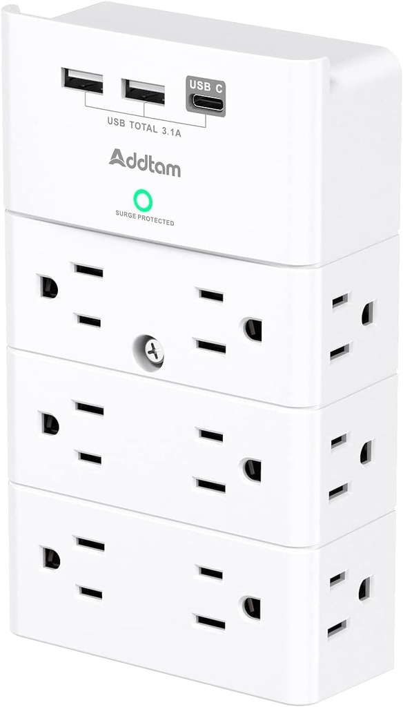Multi Plug Outlet - Addtam Surge Protector Wall Mount with 12 Outlet Extender- 3 Sides and 3 USB Ports (1 USB-C), Outlet Splitter Power Strip for Home, Office, Hotel, White