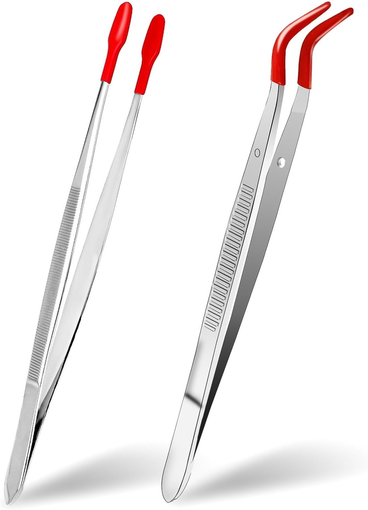 Craft Tweezers with Rubber Tips, 2 Pcs Metal Sticker Tweezer with Soft PVC Coated Curved Angled Tweezers Anti-Static Non-slip Industrial Clip Tong Tools for Lab Jewelry Making DIY Crafting Stamp Coin