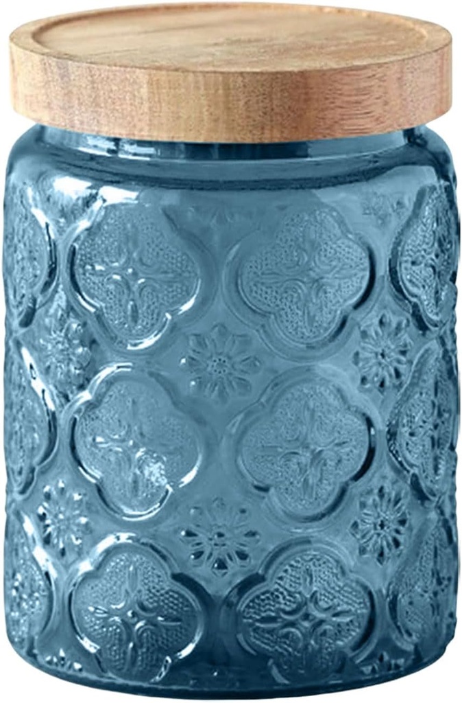 Glass Jar with Lid, Vintage Glass Storage Jars with Airtight Lid Coffee Canister Sugar Container for Kitchen Counter Pantry, Spice, Candy, Coffee Beans, Tea, Cookie (24 FL OZ Blue Begonia)