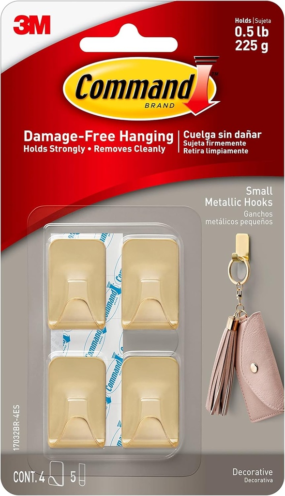 Command Small Metallic Hooks Brass Color, 4 Hooks and 5 Command Strips, Damage-Free Wall Hooks with Adhesive Strips, Adhesive Hooks for Hanging Christmas Decorations, Holds up to 0.5 lb