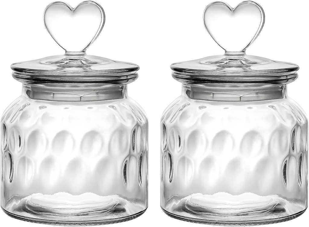 WHJY Set of 2 Airtight Glass Jars Decorative Jars, 22oz Jar of Hearts Cute Cookie Jar Decorative Jars with Lids Candy Jars for Candy Buffet Heart Shaped Lid (Drops Textured)