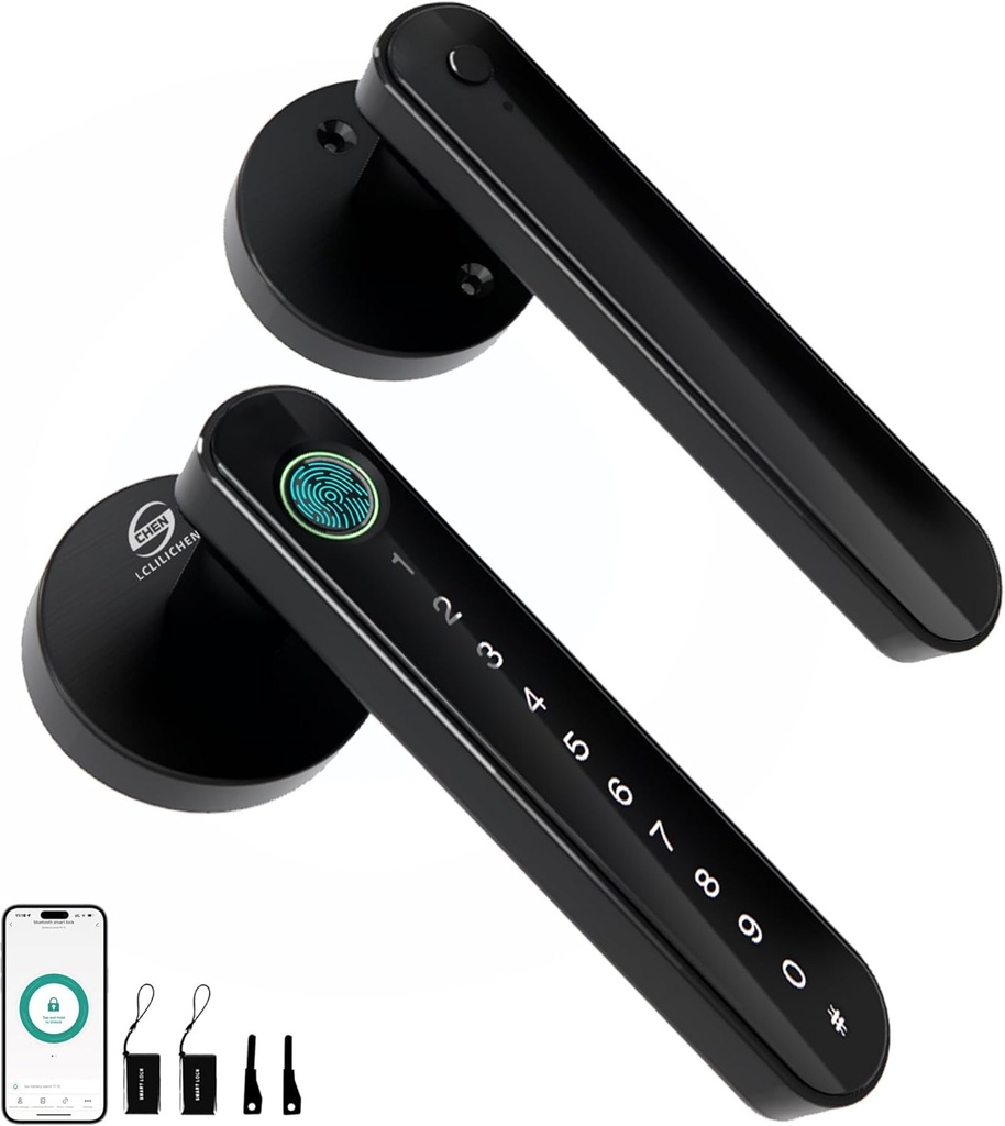 Smart Electronic Fingerprint Door Lock, Keyless Entry with Handle, Codes, APP, IC Cards, Fingerprints, Keys, for Home Bedroom Apartment (Black)