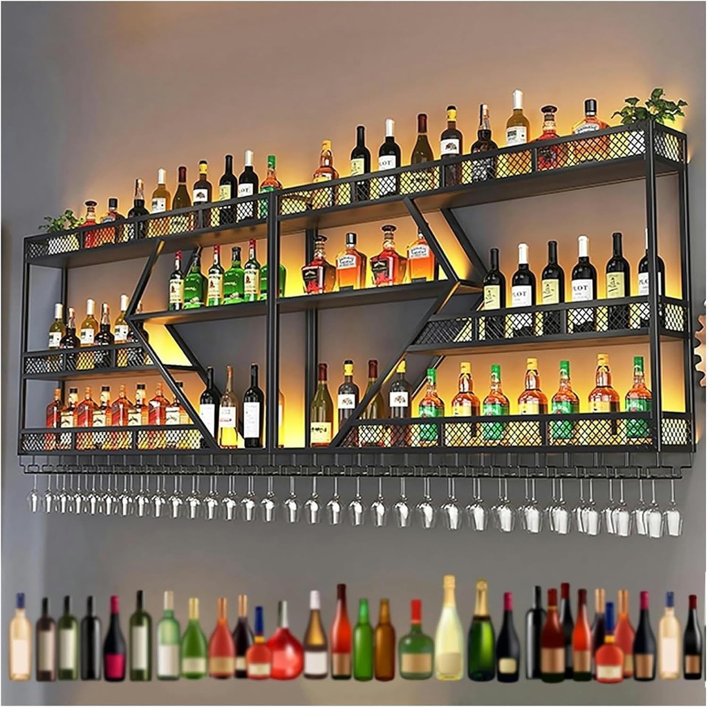 Wine Rack Wall Mounted With LED Light Metal Floating Shelves With Hanging Wine Glass Holder Liquor Bottle Display Shelf Industrial Storage Racks For Bar Wine Cellar Kitchen Decorate Black/Gold (