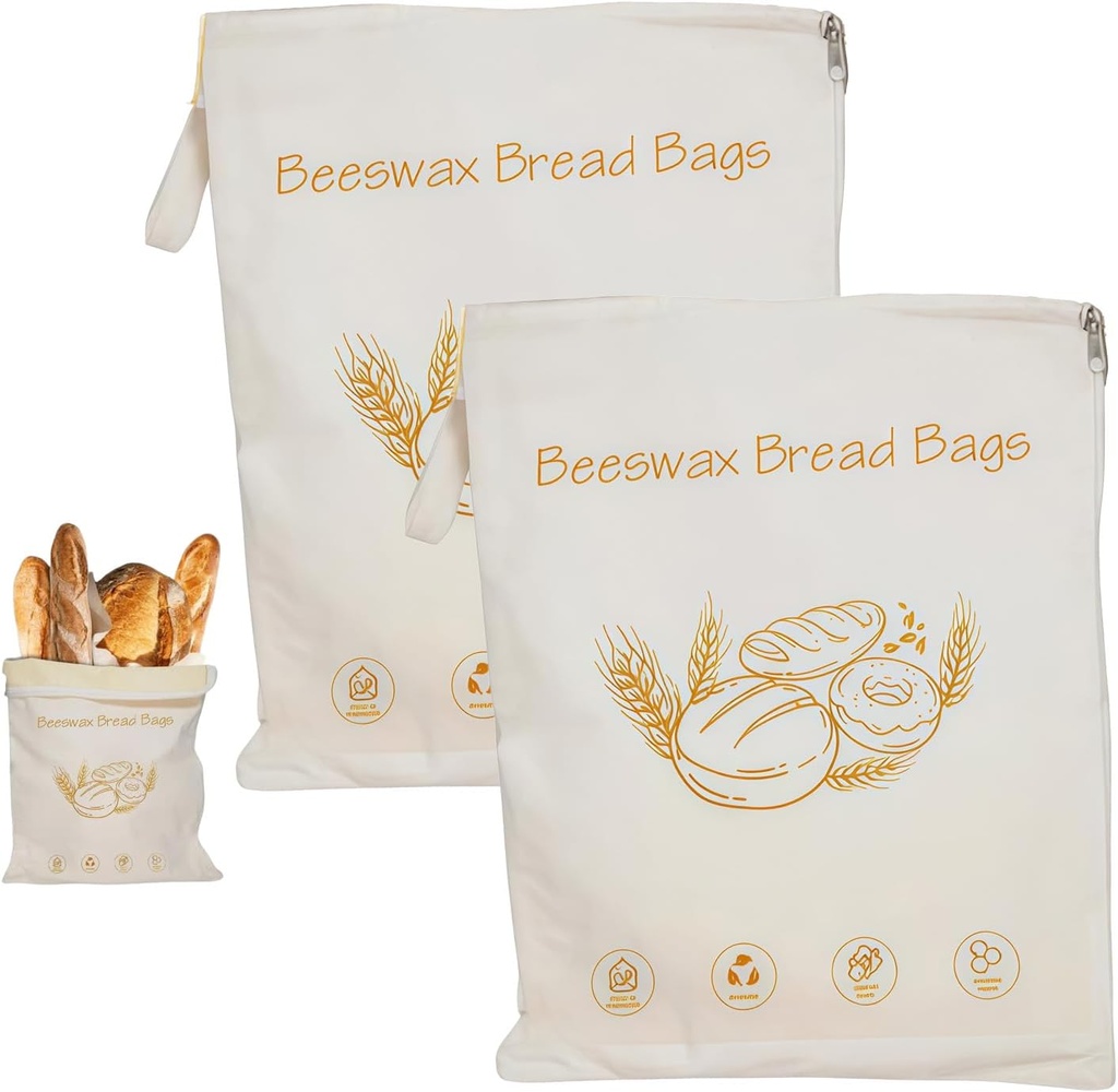 Wide Zipper Access Cotton & Beeswax Bread Bags for Sourdough, Reusable Beeswax Food Storage Bags with Zipper, Extra Large and Portable Cotton Food Storage Bag for Home Bakers to Keep Fresh (2PCS)