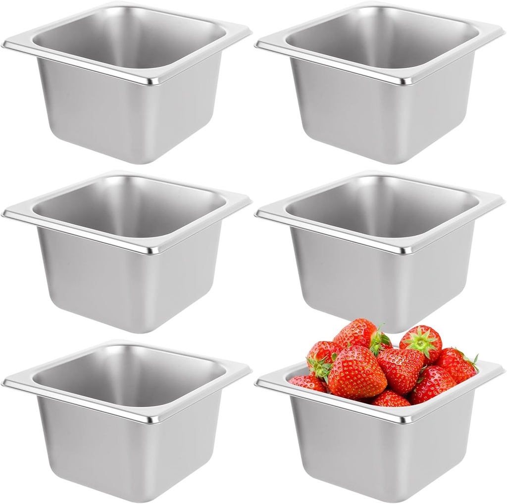 6 PCS Stainless Steel Hotel Pan 1/6 Size 4" Deep Stainless Steel Steam Pan Commercial Food Pans 1/6 Size Steam Table Pans StainlessSteel Rectangle Panss for Hotel, Restaurant, Buffet, Home