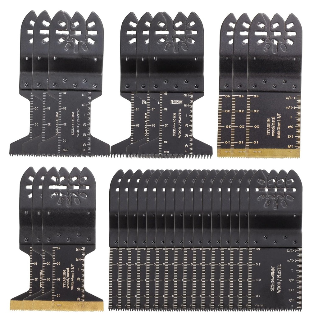 28PCS Oscillating Saw Blades, Universal Titanium Multitool Blades fit Wood Plastics Metal, Quick Release Multi Tool Blades Kits for Dewalt Porter Cable Fein Makita and Black & Decker.