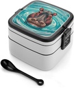 Cute Hippopotamus Bento Box Leak-Proof Double Layered Lunch Containers with Spoons And Invisible Handle, Portable Lunch Boxes for Work Picnic Travel