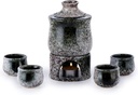 Japanese Sake Set with Warmer, Traditional Porcelain for hot Sake Drinks, 7 Pieces, Including 1 Stove, 1 Warming Bowl, 1 Sake Bottle, 4 Sake Cups