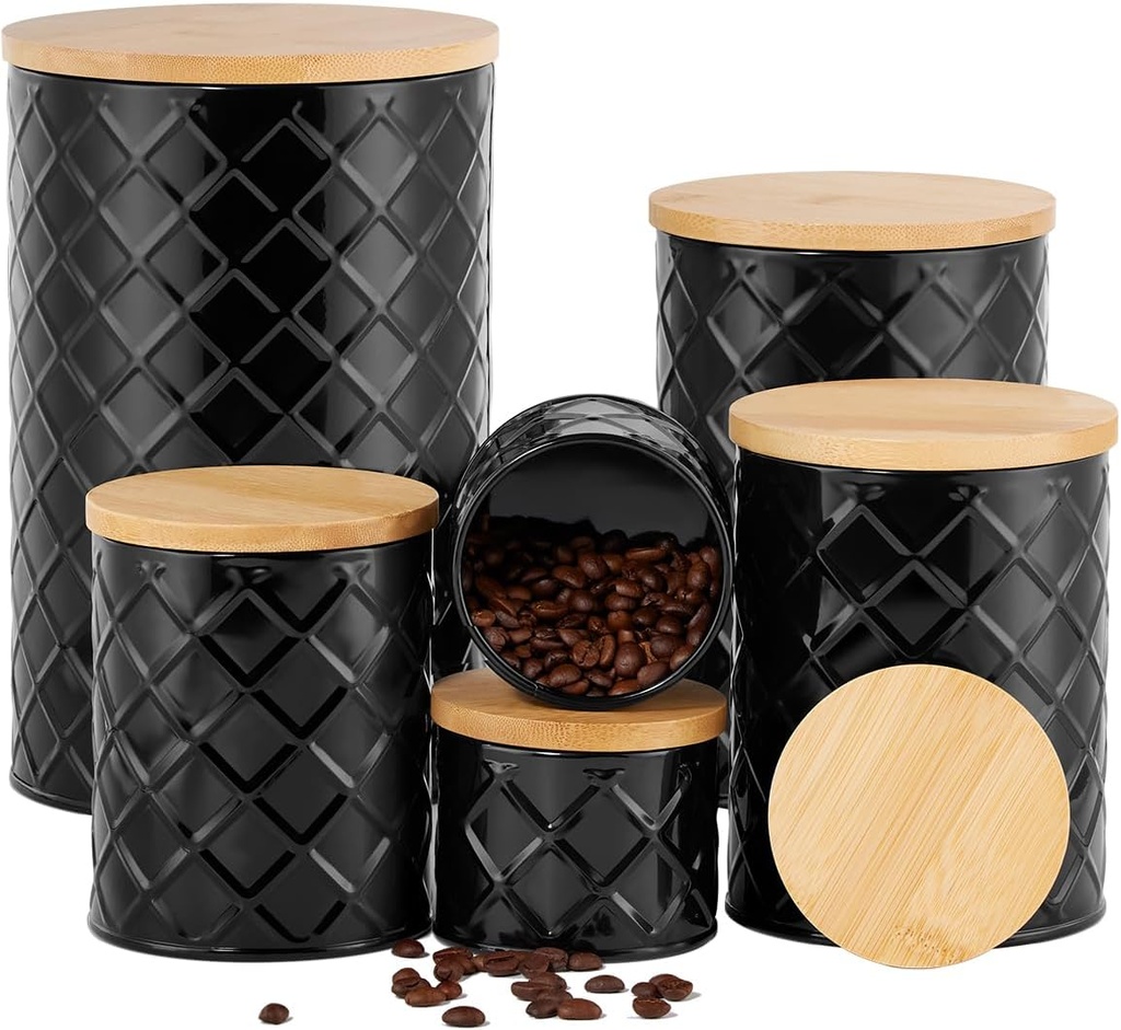 Kitchen Storage Containers for Countertop Set of 6,Food Containers with Airtight Lids,Flour and Sugar Storage Containers,Black Canister Set for Coffee and Tea,Farmhouse Kitchen Decor