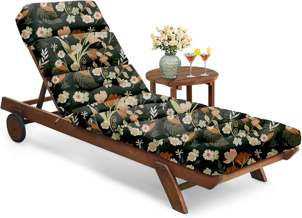 All Weather Chaise Lounge Cushions Outdoor Lounge Chair Cushion, Waterproof Memory Foam Chaise Lounger Chair Cushion for Outdoor Patio Furniture with Non-Slip Back and Ties, Green Floral