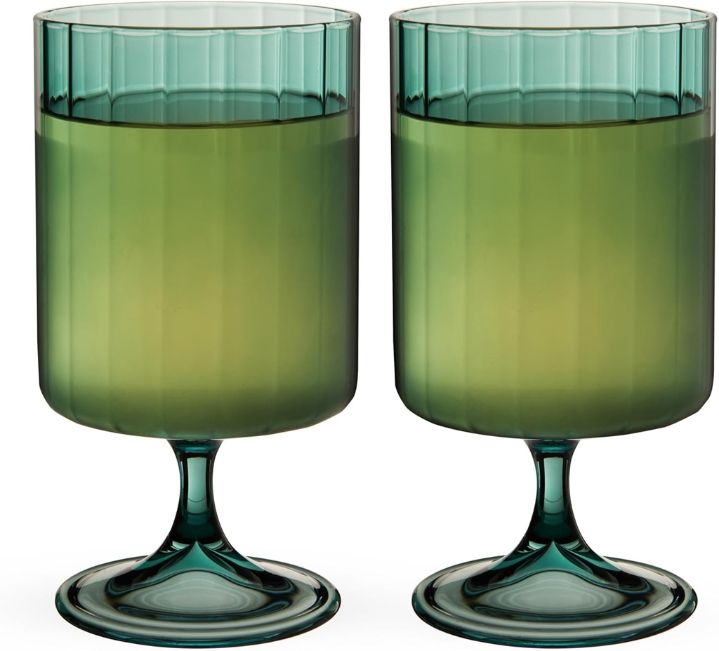 Twine Malachite Stemmed Optic Goblet Tumblers, Vintage Ribbed Drinking Glasses for Cocktails, Wine, Juice, Iced Coffee, Elegant Glassware, Wedding Gifts, Home Bar, 12 oz, Set of 2, Green