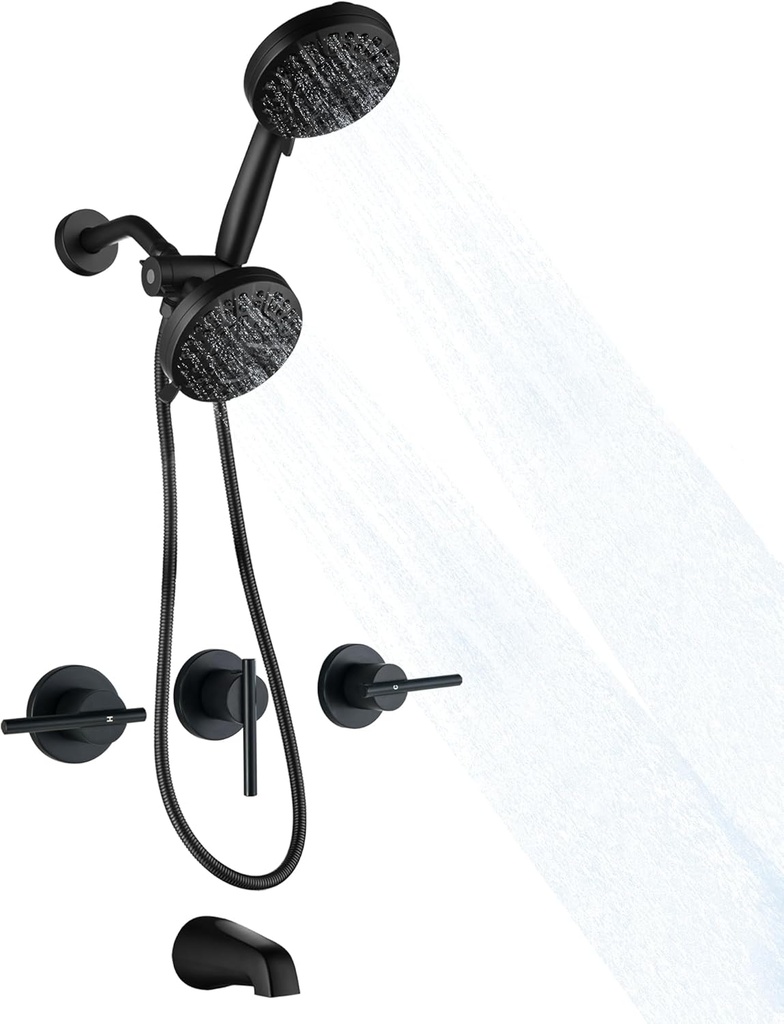 3 Handle Tub Shower Faucet Matte Black Bathtub Shower Faucet Set with Tub Spout, 3 Knob Shower Tub Faucet Set, Wall Mount