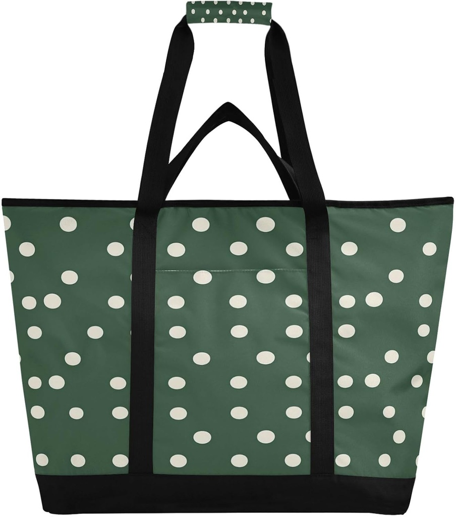 Qilmy Green Wave Point Large Insulated Cooler Bag,Foldable Kitchen Reusable Grocery Bags,Leak Proof Portable Lunch Bags Tote Bag for Shopping Food Travel Beach Camping227