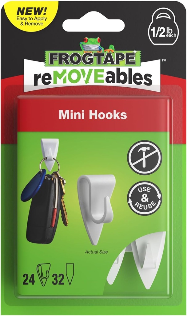 FrogTape reMOVEables Mini Adhesive Hooks for Hanging - Indoor Clips for Lights, Keys, Wires, Holiday Decor - No Damage - Removable & Reusable - 24 Hooks & 32 Adhesive Strips - White (Pack of 24)