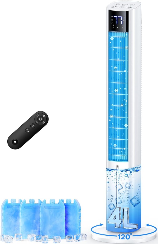 FANCOLE 44 INCH Windowless Air Conditioner with 4 Modes & 3 Speeds, 12H Timer, 4L Tank for 24H Cooling Evaporative Air Cooler, 4 Ice Packs, 17Ft Remote, 120° Oscillating Portable AC Unit for Bedroom