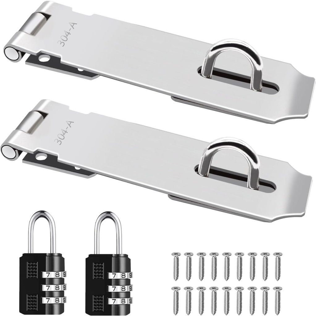 2Pcs Door Locks Hasp Latch,5 Inch 304 Stainless Steel Safety Packlock Clasp Hasp Lock Latch,Hinge Lock Padlock with Screws for Gates,Doors,Cabinets, Closets and More