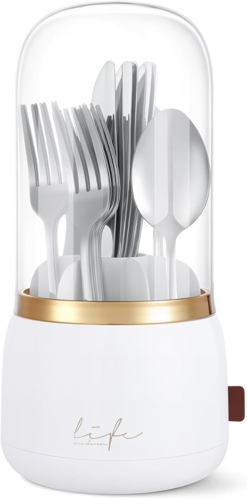 EXIN DECHEN 360° Rotation Silverware Organizer for Kitchen Counter,Utensil Holder Caddy Silverware Caddy Holder for Party,Spoon and Fork Organizer,7 Slots and Intermediate Drainage Device with Cover