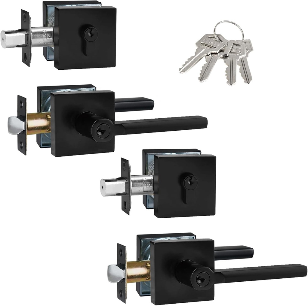 Keyed Alike(All Same Keys) Keyed Entry Door Lever with Single Cylinder Deadbolt Combo, Front Door/Exterior Door Handleset, Matte Black, 2 Set