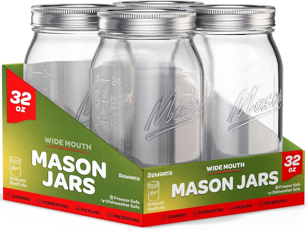 Wide Mouth Mason Jars 32 oz [4 Pack] With Mason Jar Lids and Bands, Mason Jars 32 oz - For Canning, Fermenting, Pickling - Jar Decor - Microwave/Freeze/Dishwasher Safe.