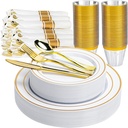 350 PCS White and Gold Plastic Dinnerware Set for 50 Guests, 100 Thanksgiving Disposable Plates for Party, 50 Pre Rolled Napkins with Gold Silverware, 50 Cups