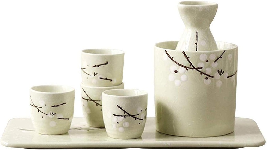 Refineness Sake Set, Japanese Style Sake Pot Set Traditionalhand Painted Design Pottery Crafts Wine Glasses Saki Cups 7 Piece/White+Red Plum(Beige+White Plum)