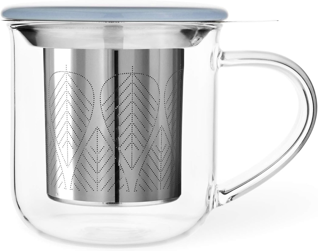 VIVA Minima Eva Glass Tea Cup with Mesh Infuser - Coffee Mug With Porcelain Lid/Saucer - 14 oz / 400 ml, Hazy Blue