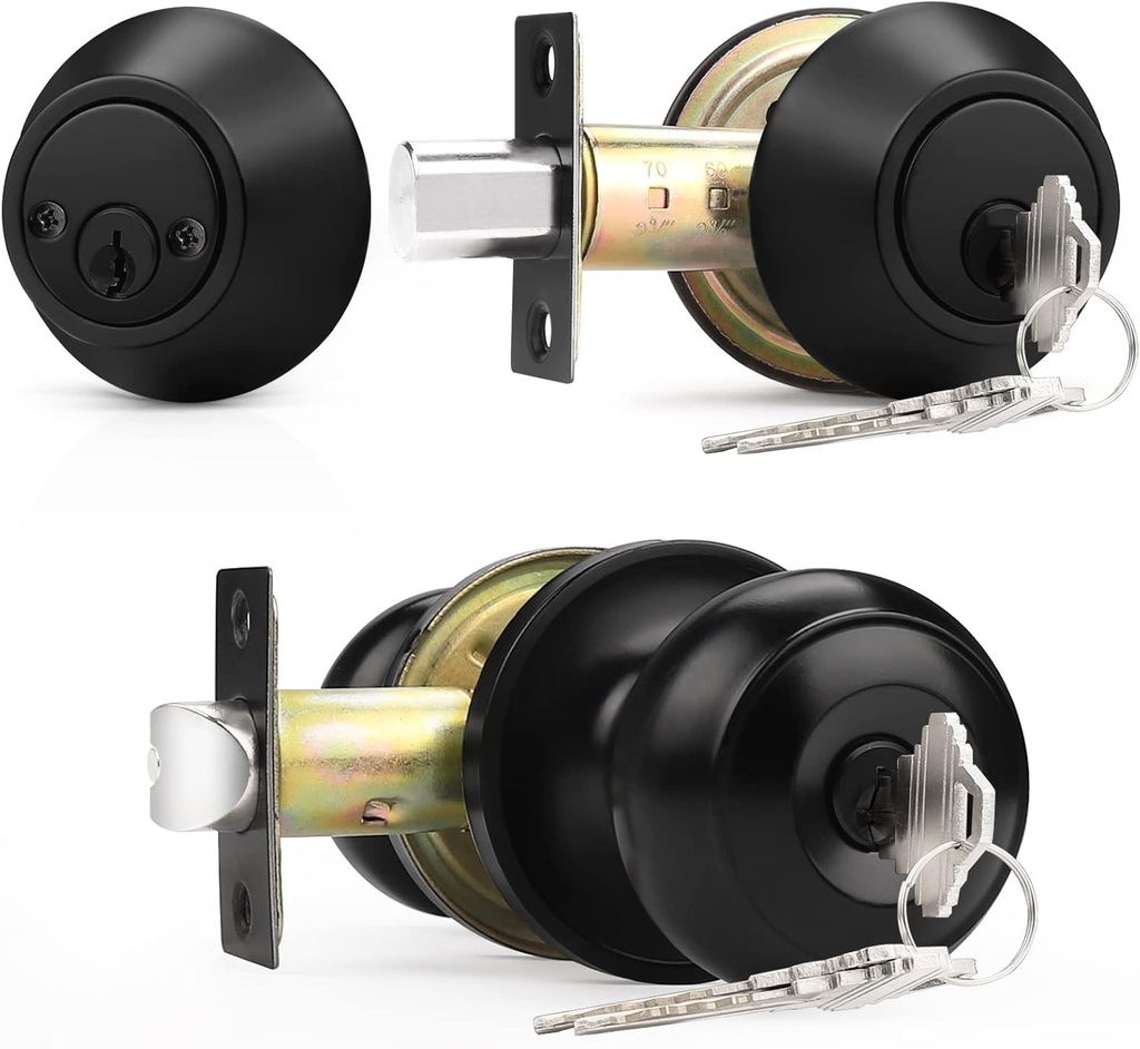 Probrico Keyed Alike Round Ball Entry Door Knob and Double Cylinder Deadbolt Set, Flat Black, 1Pack