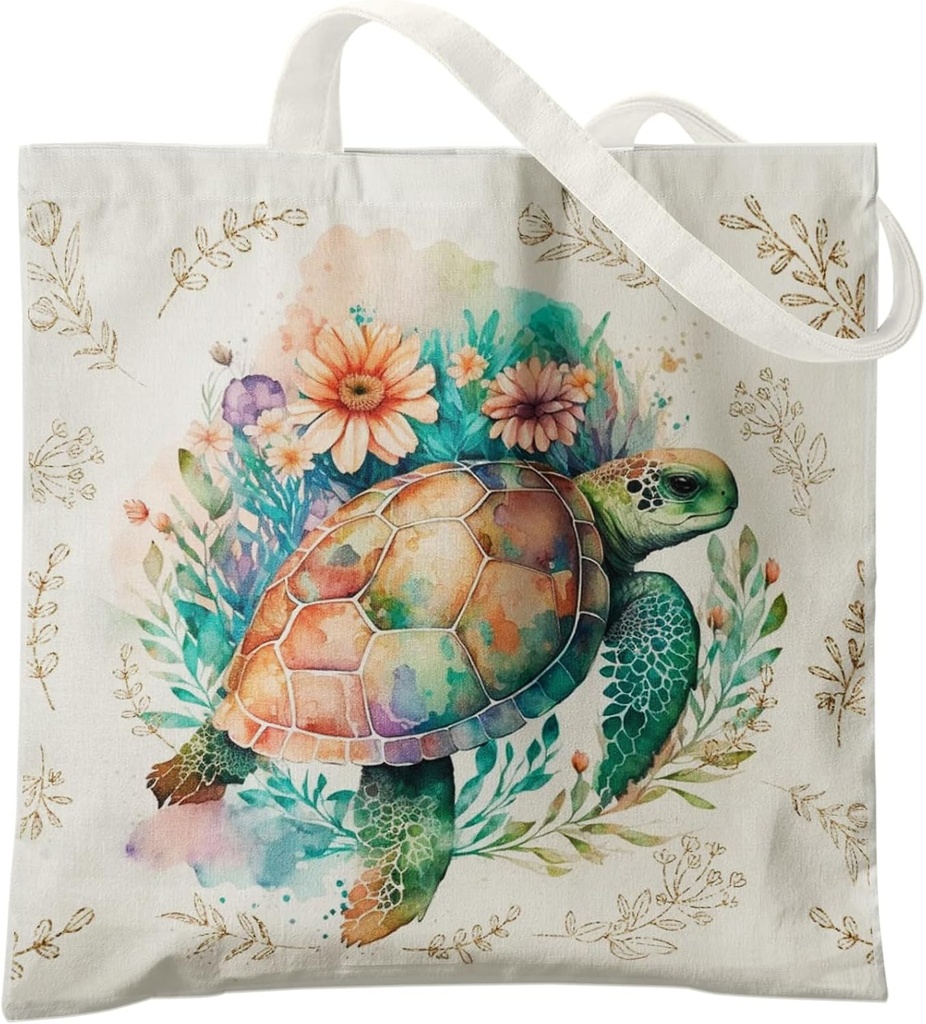 Summer Beach Tote - Floral Sea Turtle Canvas Tote, Women's Turtle Lovers Gift, Reusable Grocery Bag