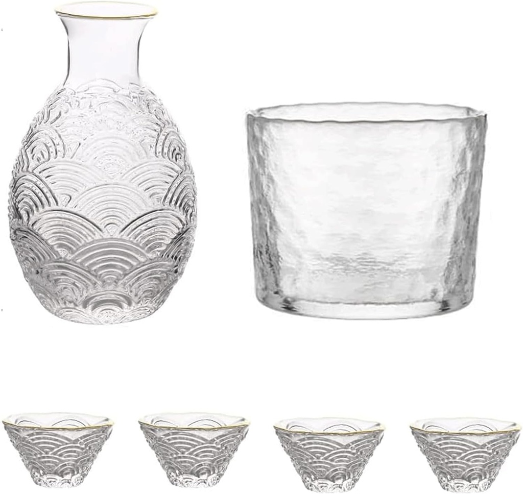 Glass Sake Set Sake Pot Sake Cups Clear Glass Sake Bottle Set Warming Mug Hot Sake or Iced Sake Drinkware Set for Sake Lovers