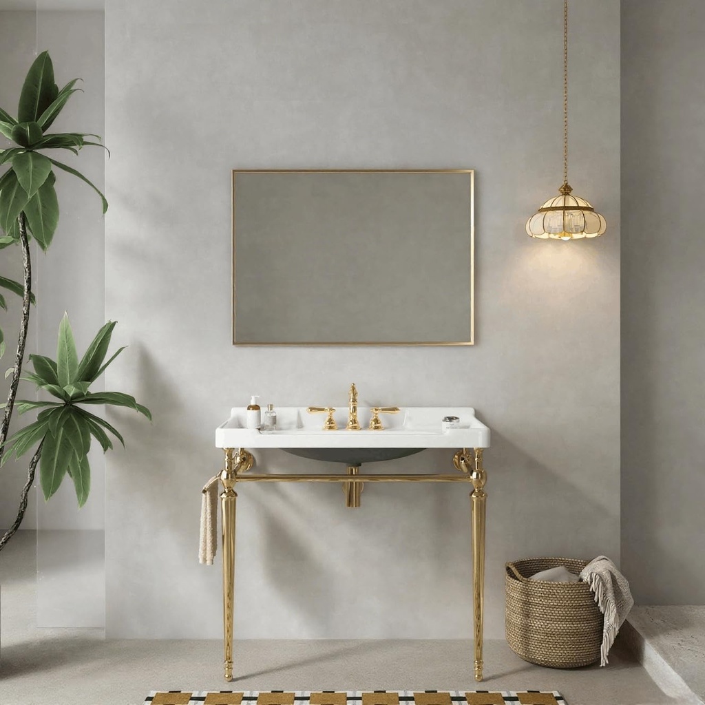 36" Wall-Mounted Bathroom Vanity Sink,White Ceramic Console Basin with 3 Faucet Holes,Freestanding Stainless Steel Legs & Adjustable Towel Bar,No Faucet Included,Gold Finish