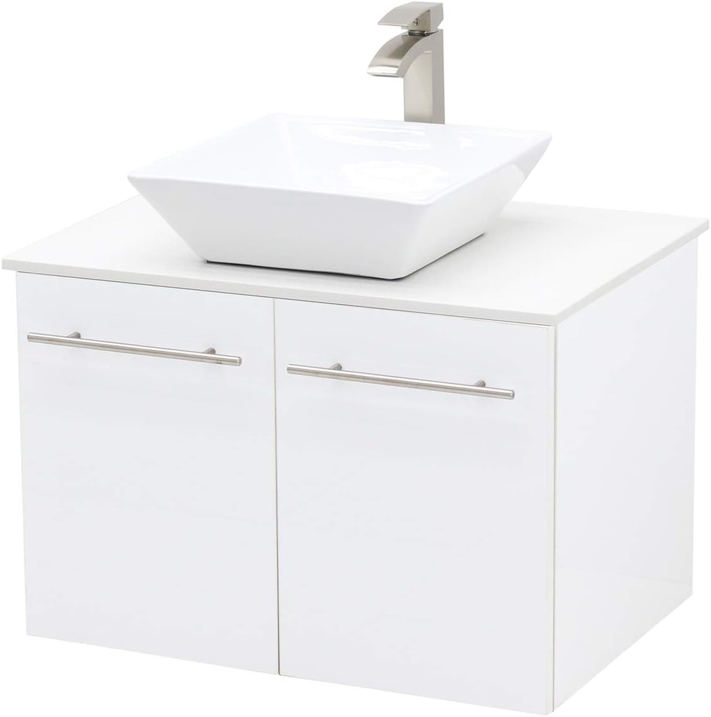 Wall Mount Floating Bathroom Vanity Sink Set, White Embossed Texture Vanity, White Flat Stone Countertop Ceramic Sink - 30"