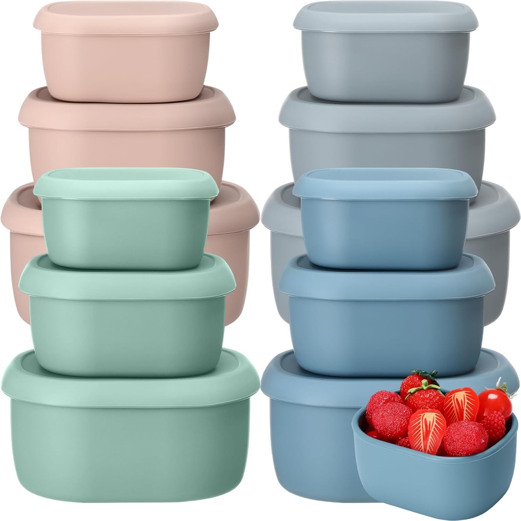12 Pcs Silicone Food Storage Containers with Lids Reusable Silicone Snack Container 3 Size Lunch Box Bento with Lids Freezer Dishwasher Safe,6.7oz, 10oz, 20oz(Mo Landi Color)