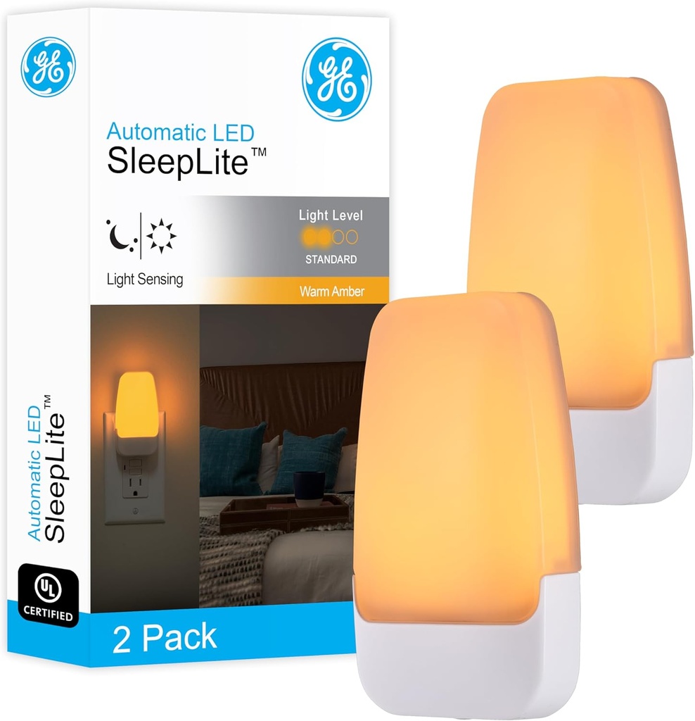 GE Sleeplite Night Lights Plug Into Wall, Dusk to Dawn Sensor, Ambient Lighting, Sleep Aid, Bathroom Décor, LED Lights for Bedroom, Apartment Essentials, Smart Home ,76135, Amber, 2 Pack