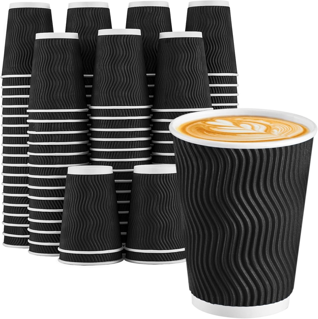 Lamosi Disposable Coffee Cups 12 oz 100 Pack, Paper Coffee Cups 12 oz for Hot Drinks or Cold Beverages, Insulated Corrugated Ripple Wall Cup for Office, Cafe, Home or Travel (Black)