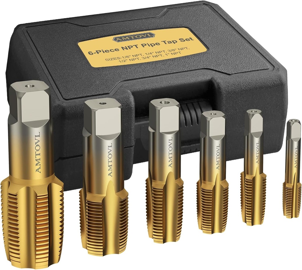 AMTOVL NPT Pipe Tap Set - 6-Piece, 1/8'', 1/4'', 3/8'', 1/2'', 3/4'', 1'' NPT Tap Set, GCr15 Steel Threading Plumbing Tap Set for Plumbers Clean and Re-thread Damaged DIY or Jam Pipe Threads