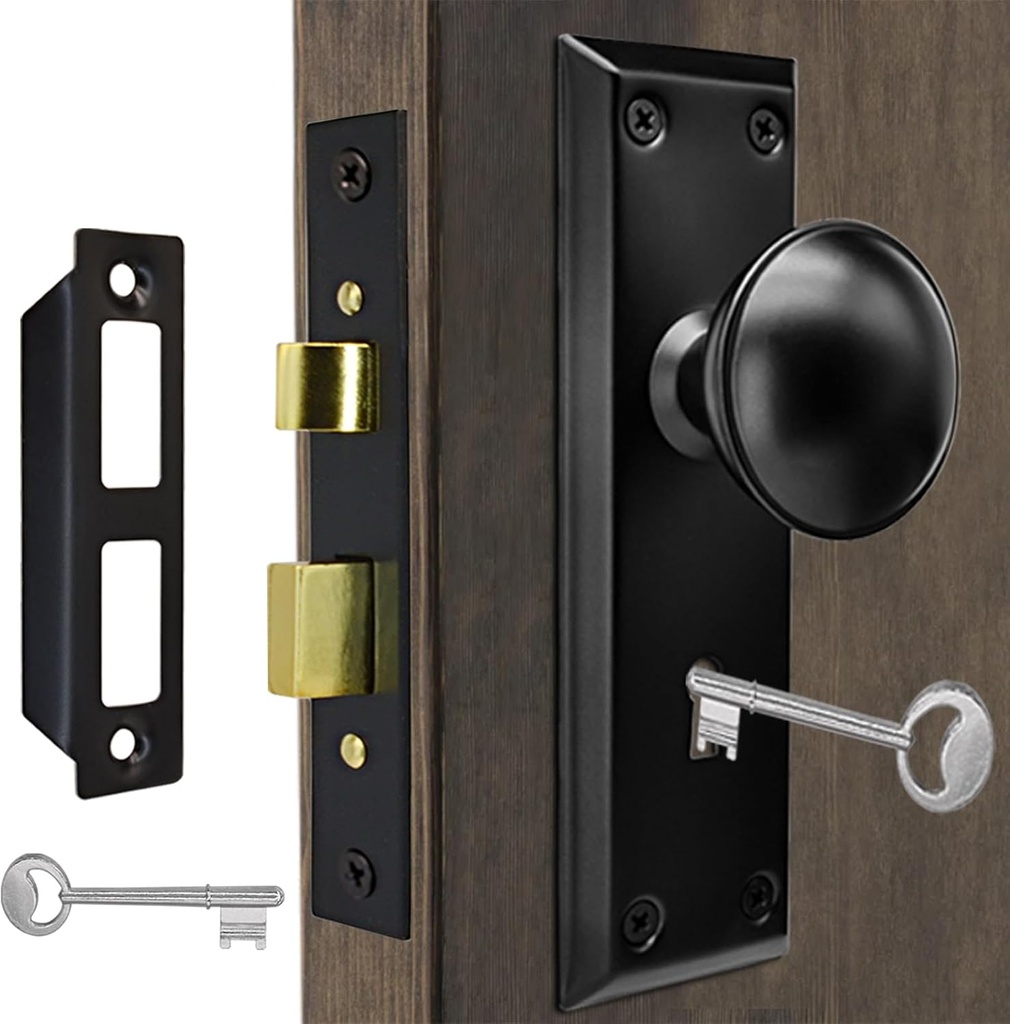 Antique Interior Door Knobs Mortise Lock Set with Skeleton Key Locks, Vintage Door Hardware Parts Fit 1-3/8" -1-3/4" Thick Doors, 2-3/8" Backset, Reversible Latch, Matte Black, 1 Pack