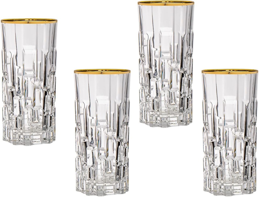 Godinger Highball Glasses Beverage Glass Cup Set, Goblets, DOFs Gold Rim Milana Set of 4