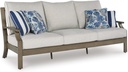 Signature Design by Ashley Rainier Ranch Casual Weather Resistant Outdoor Sofa with Cushion and 4 Accent Pillows, Light Brown & Light Gray