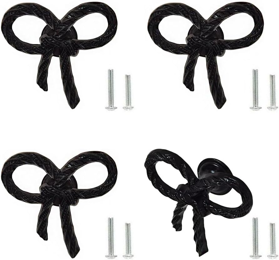 4 Pcs Black Bow Cabinet Knobs, Decorative Matel Bow Dresser Knobs Pull, Single Hole Metal Zinc Alloy Furniture Handles for Drawer Cabinets Cupboard Door Home Bedroom Kitchen Bathroom (Black)