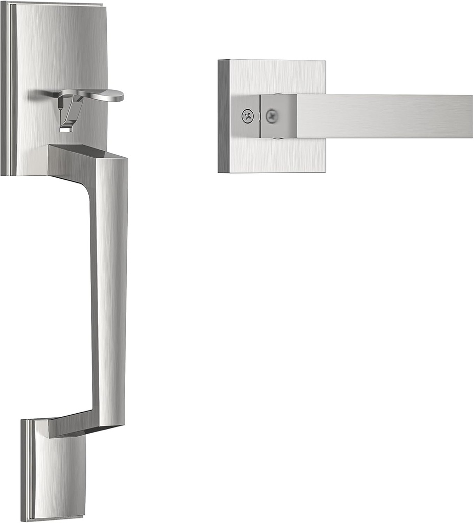 Brightify Front Door Handle, Modern Exterior Door Handle with Passage Door Lever, Front Entry Door Handle No Lock, Reversible for Left & Right Handed Door, Lower Half Grip - Satin Nickel Finish